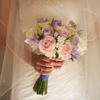 sweet avalanche, lilac freesia, white bouvardia hand tied bouquet 