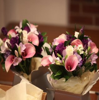 purple and pink calla lilies for bridesmaids handtied boquets 